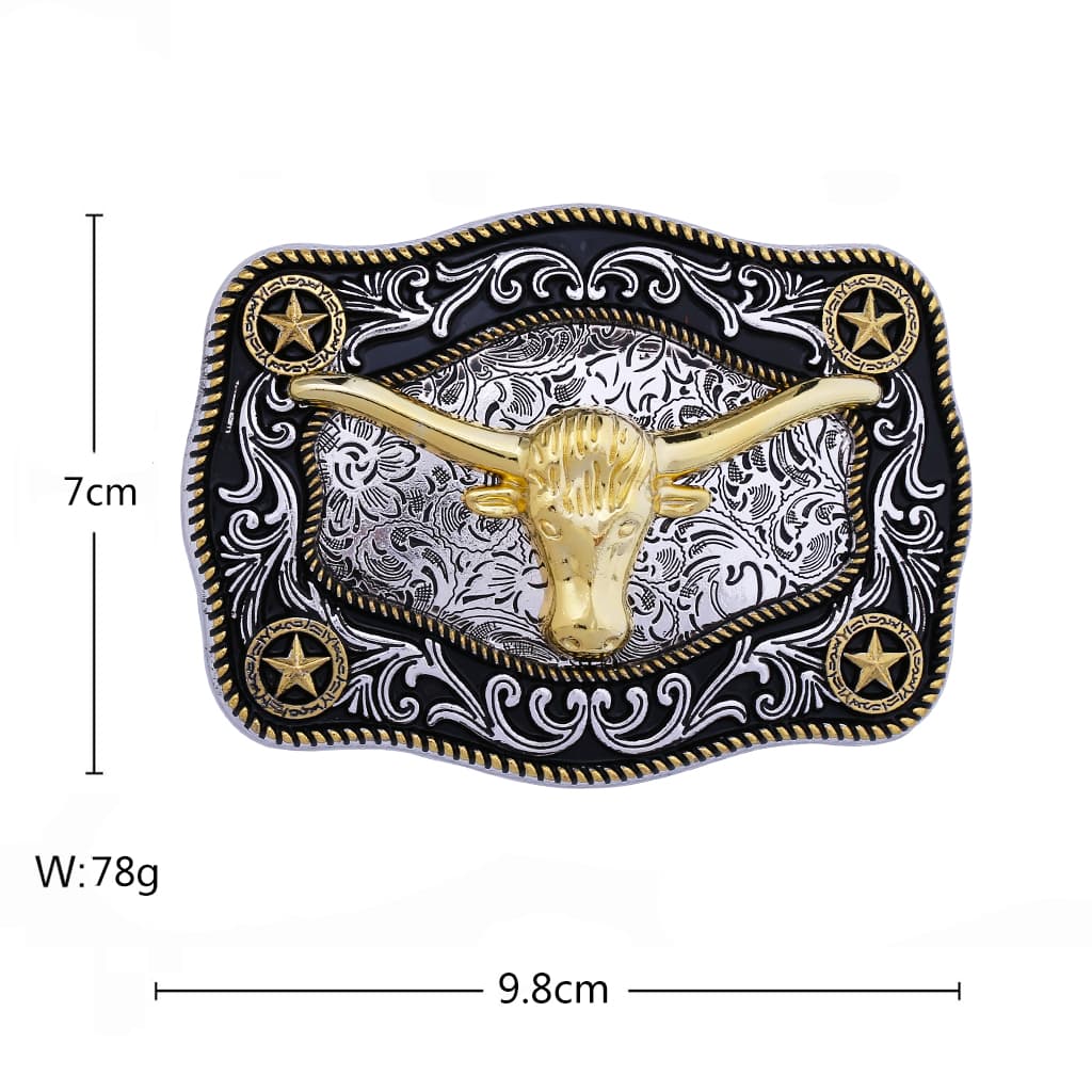 Two-tone Western belt buckle with gold-tone longhorn head, star accents and engraved floral detailing