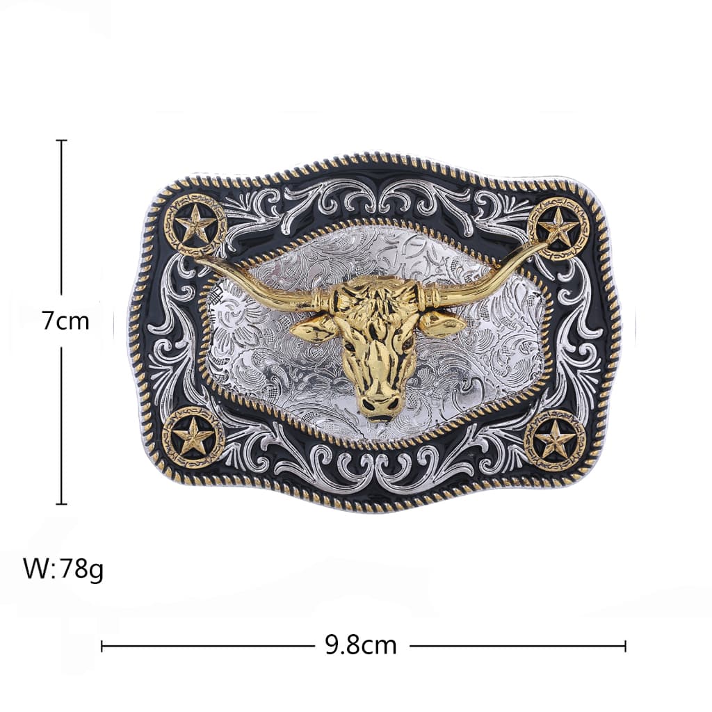 Western longhorn belt buckle with detailed gold-tone cattle head, four stars and silver-tone floral engraving