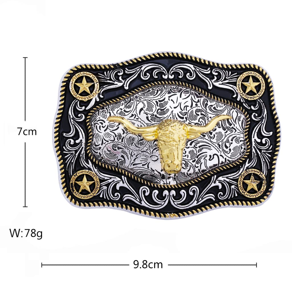 Two-tone cowboy belt buckle with classic gold-tone longhorn head, Western stars and ornate scrollwork