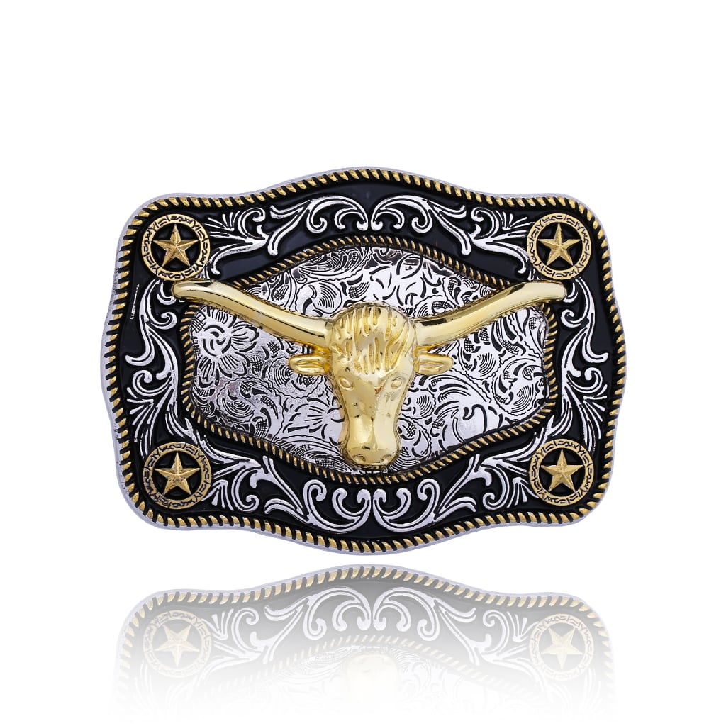 Western Longhorn Belt Buckle – Gold-Tone Cowboy Star & Floral Designs — view 1